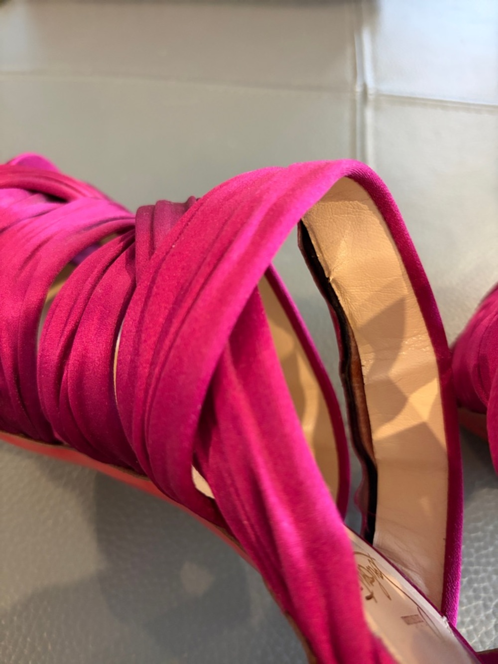 Christian Louboutin Magenta Satin Strappy Platform Heels - Picture 9 of 10